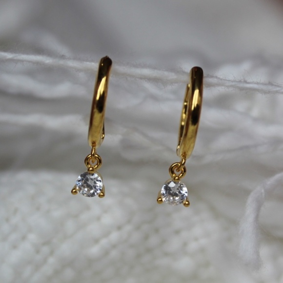 Sterling Silver Gold Hoops with Single Simulated Diamond Charm - Picture 1 of 6